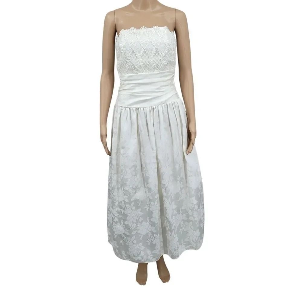 Scott McClintock Vintage 80s White Strapless Dress Lace Accents Wedding